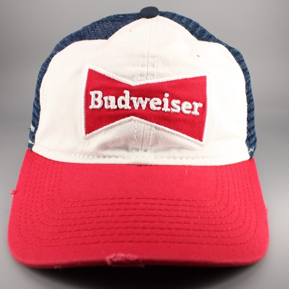Vintage Budweiser Hat Cap Snap Back Red White Trucker Mesh Beer Anheuser Mens